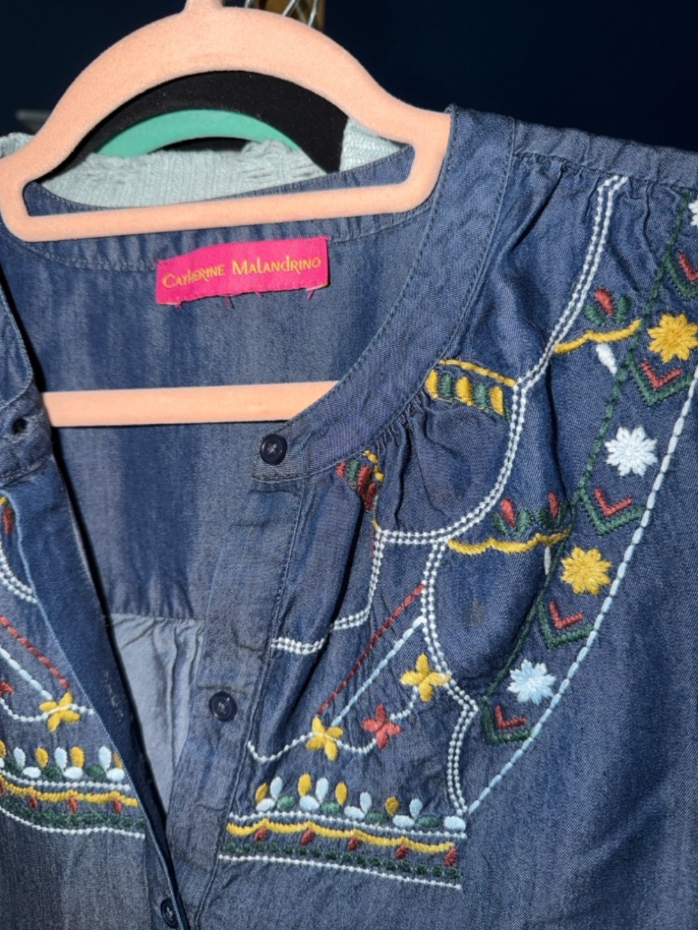 CATHERINE MALANDRINO Embroidered Chambray *Hemmed*Peasant top - read description - Picture 4 of 8